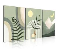 Boho Wall Art Painting,Boho Wall Art Set of 3, Sage Green Minimalist Framed Canvas Wall Art Geometric Leaf Sun Moon Beige Green Canvas Artwork 12"X16" for Bathroom Living Room Boho Wall Decor