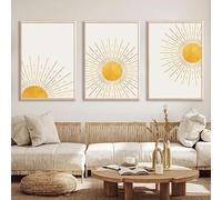 Boho Wall Art Sun Mountain Canvas Mid Century Modern Abstract Poster Yellow Sun Painting Mid Century Boho Canvas Pictures Abstract Sun Print Minimalist Boho Artwork Sunrise Sunset Art 16x24inchx3 No