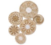 Boho Wall Basket Decor Set of 6 - Hanging Woven Basket Wall Decor, Handcrafted Round Flat Seagrass Baskets Wall Art, for Rustic、Farmhouse、Home - Unique Wicker Wall Basket Decor （White Classic）
