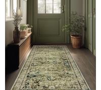 Boho Washable Runner Rug for Kitchen,Non Slip Rubber Backing Non Skid Oriental Floral Vintage Long Carpet Runners for Hallway Entryway Indoor Doormat Bedroom,2x6 6ft,Moss Olive Green Beige