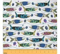 Boho Watercolor Fish Waterproof Fabric by The Yard Geometric Fishes Bohemian Print Sea Creature Home DIY Fabric by The Yard Graffiti Lines Upholstery Fabric for Arts Craft Quilting Sewing,1 Yard