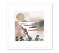 Boho Watercolour Summer Sunrise Land Sea Pastel Painting Square Wooden Framed Wall Art Print Picture 8X8 Inch Artery8 White One Size