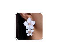Boho Wedding Big Enamel White Flower Earrings Dangle Large Floral Stud Earrings Gold Double Daisy Drop Unique Rose Petal Summer Beach Statement Jewelry for Women Prom Party