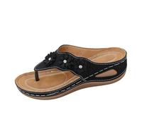 Boho Wedge Flip Flops Women with Arch Support and Faux Leather Summer Breathable Insole Beach Sandals Casual Comfort Bathroom Slippers for Party, Outings and Vacation,Black,4