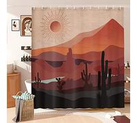 Boho Western Shower Curtain - Modern Southwestern Mountain Cactus Arizona Desert Sunset for Bathroom - Mid Century Retro Aesthetic Minimalist Fabric Bath Curtain with Hooks, 60X70IN