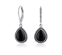 Boho Western Style Black Onyx Semi Precious Pear Shaped Teardrop Lever Back Dangle Drop Earrings For Women Teen Oxidized .925 Sterling Silver