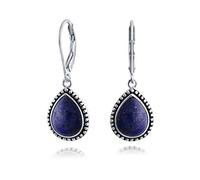Boho Western Style Blue Lapis Lazuli Semi Precious Pear Shaped Teardrop Lever Back Dangle Drop Earrings For Women Teen Oxidized .925 Sterling Silver