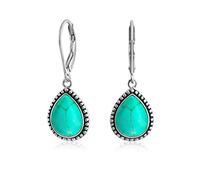 Boho Western Style Blue Stabilized Turquoise Semi Precious Pear Shaped Teardrop Lever Back Dangle Drop Earrings For Women Teen Oxidized .925 Sterling Silver