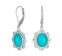 Boho Western Style Filigree Semi Precious Stabilized Blue Turquoise Dome Oval Dangle Drops Earrings For Women Lever Back .925 Sterling Silver