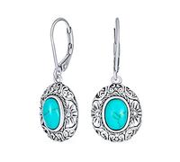 Boho Western Style Floral Scroll Milgrain Semi Precious Blue Turquoise Dome Oval Dangle Drops Earrings For Women Lever Back Oxidized .925 Sterling Silver