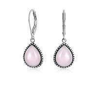 Boho Western Style Pink Dyed Jade Semi Precious Pear Shaped Teardrop Lever Back Dangle Drop Earrings For Women Teen Oxidized .925 Sterling Silver