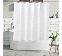 Boho White Woven Fabric Short Shower Curtain with Tassels 72 x 66 Modern Farmhouse Minimalist Tufted Chevron Striped Shabby Chic Textured, Water Resistant Curtain for Bathroom, Hotel Decor