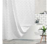 Boho White Woven Fabric Shower Curtain with Tassel 72 x 72 Modern Farmhouse Minimalist, Tufted Chevron Striped Shabby Chic Textured, Water Resistant Cloth Curtain for Bathroom, Hotel Decor