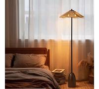 Boho Wicker Floor Lamp with Wooden Base, Minimalist Standing Lamp for Nursery, Modern Farmhouse Reading Light for Living Room & Bedroom Decor