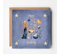 Boho Witch Birthday Card, Celestial Happy Birthday Card, Whimsical Spiritual Design with Mystical Boho Vibes, Blue Watercolour background