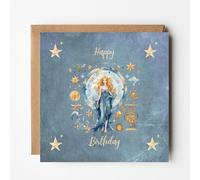 Boho Witch Birthday Card Celestial Happy Birthday Greeting Whimsical Spiritual Design with Boho Vibes in Teal, Background is watercolour texture