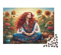 Boho Woman Jigsaw Puzzles 1000 Pieces Recycled Material Sunflower Art Adult Jigsaws Developing Children‘s Intelligence Parent Child Game Activity 38x26cm/1000pcs