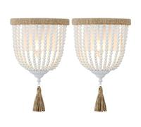 Boho Wood Beaded Wall Light, Hand-Woven Rope Farmhouse Bedside Wall Lamp, White Rustic Bohemia Wall Sconce Lighting Fixture for Bedroom,Hallway,Bathroom,Nursery,Entryway,Living Room,2 Pack