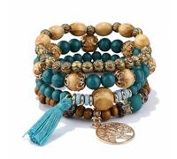 Boho Wooden Beaded Bracelet Set for Women - 4-Piece Stackable Bracelets with Tree of Life Charm & Tassel, Elastic Stretch Bohemian Jewelry for Festival, Cowgirl & Holiday Outfits（#F）