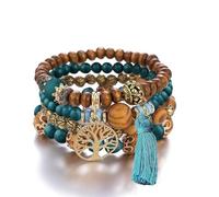 Boho Wooden Beaded Bracelets for Women, Pack Of 4 Elastic Tassel Bracelet for Festival Outfit, Tree of Life Charm (Royalblue)
