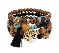 Boho Wooden Beaded Bracelets for Women, Pack Of 4 Elastic Tassel Bracelet for Festival Outfit, Tree of Life Charm (Black)