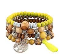 Boho Wooden Beaded Bracelets for Women, Pack Of 4 Elastic Tassel Bracelet for Festival Outfit, Tree of Life Charm (yellow)