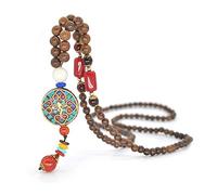 Boho Wooden Beaded Necklaces Vintage Handmade Nepal Mala Wood Beads Meditation Prayer Necklace Ethnic Fish Horn Long Statement Necklace for Women Girl Jewelry-round