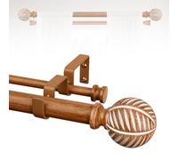 Boho Wooden Curtain Rods for Windows 36 to 88:TANGWIN 1" Heavy Duty Double Curtain Rod with Imitation Wood Grain Finials Farmhouse Decorative Wood Curtain Rod Dual Adjustable for Living Room Bedroom