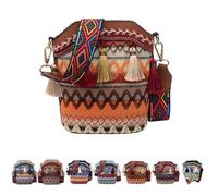 Boho Woven Tassel Crossbody Bag for Women, Ethnic Geometric Tribal Pattern, PU and Polyester, Handmade Native American Style Purse (SGMZMZB-Yellow-brown)