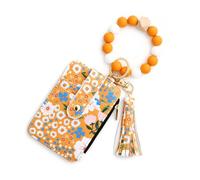 Boho Wristlet Wallets for Women, Boho Beaded Flower Pattern Wallet Keychain, Slim Credit Card Holder Purse Tassel Keychain, Yellow, Mini