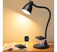 BOHON Desk Lamp for Home Office, LED Desk Light with USB C+A Charging Ports, Wireless Charger, 5 Colors Stepless Dimming Reading Light Timer, Touch Bedside Table Lamp for College Dorm Room Black