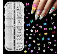 Bohoray 100PCS 3D Aurora Charms with 1 Box 12Grids Pearls for Nails, Bow Star Nail Gems Nail Studs, Crystal Nail Gems for Nail Art Design DIY Crafts