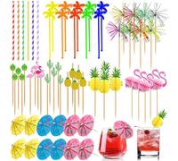 Bohoray 136pcs Cocktail Accessories for Drinks,Cocktail Party Decorations with Cocktail Umbrella Cocktail Sticks Sparklers Flamingo Paper Straws,for Hawaiian Party Decorations,Beach Bar Accessories