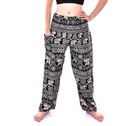 Bohotusk Womens Black Elephant Print Yoga Harem Pants Super Soft 100% Rayon One Size 20 Inch to 42 Inch | Hippie Festival Lounge & Yoga Trousers | Boho Bohemian Style | One Size