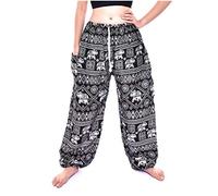 Bohotusk Womens Bohemian Black Elephant Print Drawstring Harem Pants S/M Size 8-12 Hippy Boho Style Hippie Festival Lounge Trousers Yoga Pants