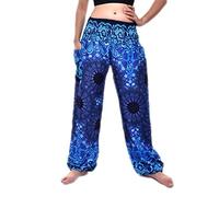 Bohotusk Womens Bohemian Harem Pants - Boho Summer Hippy Elephant Print Palazzo Trouser for Girls - Perfect for Yoga, Maternity, Lounge, Beach (Blue Ink Splash, Large/X-Large (UK Size 14-18))