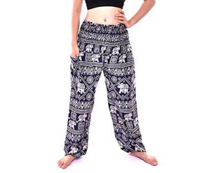 Bohotusk Womens Navy Blue Elephant Print Yoga Harem Pants Super Soft 100% Rayon One Size 20 Inch to 42 Inch | Hippie Festival Lounge & Yoga Trousers | Boho Bohemian Style | One Size