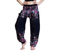 Bohotusk Womens Plain and Patterned Bohemian Harem Pants Hippy Boho Style One Size Elasticated Waist | Hippie Festival Trousers (Black Floral, S/M)