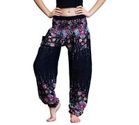 Bohotusk Womens Plain and Patterned Bohemian Harem Pants Hippy Boho Style One Size Elasticated Waist | Hippie Festival Trousers (Black Floral, Large/X-Large (UK Size 14-16)