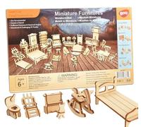BOHS Dollhouse Furniture Set, 34 Wooden Miniatures, 1:24 Scale | Laser-cut DIY 3D puzzles for living, dining, kitchen, bathroom and bedroom; 2D/3D guides; assemble, paint and decorate