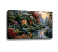 BOHU ARTS Thomas Kinkade A Quiet Evening Canvas Art Thomas Kinkade Paintings Landscape Wall Art for Bedroom Livingroom Office Framed Ready to Hang