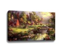 BOHU ARTS Thomas Kinkade Farm Evening Canvas Art Thomas Kinkade Paintings Landscape Wall Art for Bedroom Livingroom Office Framed Ready to Hang