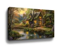 BOHU ARTS Thomas Kinkade House with Pond Canvas Art Thomas Kinkade Paintings Landscape Wall Art for Bedroom Livingroom Office Framed Ready to Hang