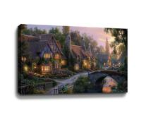 BOHU ARTS Thomas Kinkade River Village Canvas Art Thomas Kinkade Paintings Landscape Wall Art for Bedroom Livingroom Office Framed Ready to Hang