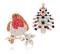 Bohue 2pcs Christmas Robin Brooch and Christmas Trees Brooch Set Rhinestone Crystal Xmas Element Pins Christmas Jewelry for Women