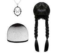 Bohue 3Pcs Terror role-playing Set for Wednesday Gothic Braided Wig with Bangs Necklace Wig Cap Halloween Costume Accessory Horror Movies Cosplay Clothes Props