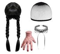 Bohue 4Pcs Gothic Cosplay Accessory for Wednesday Black Long Plaited Wig with Necklace Hair Net Fake Thing Hand Prop Halloween Horror Props Costume Accessory for Adults