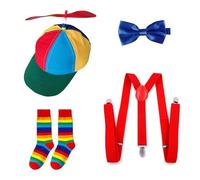 Bohue 4Pcs Propeller Hat Halloween Set Rainbow Clown Hat Y Back Style Suspenders Bow Tie Striped Socks Adjustable Child Helicopter Costume Set for Adult