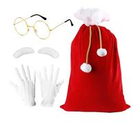 Bohue 4pcs Velvet Santa Sack Includes Santa Sack(70 * 100cm) Santa Glasses Glove Eyebrow Reusable Extra Large Xmas Sacks Christmas Fancy Dress Accessory Set for Xmas Party Supplies