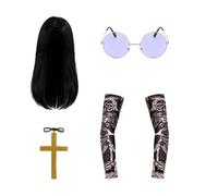 Bohue Prince Of Darkness Accessory Set- Long Black Wig Circular Purple Glasses Gold Cross Necklace and Tattoo Sleeves Fancy Dress Accessory Set 70s 80s Costume Accessories for Fancy Dress Parties